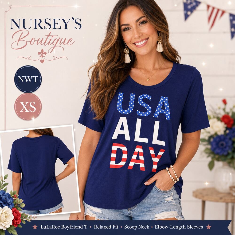LuLaRoe Boyfriend T XS NWT USA All Day Patriotic Graphic Tee Navy